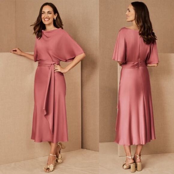 BHLDN Olmstead pink satin drape midi‎ dress size 2 wedding guest mother bride - Picture 1 of 12